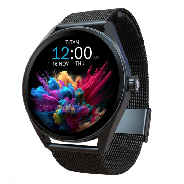Titan Crest 1.43” AMOLED Smart Watch with BT Calling, AI Morning Briefs, Functional Crown, Health Tracking, Aluminium Body, 100+ Sports Modes, Smartwatch for Men and Women - Black Silicone Strap