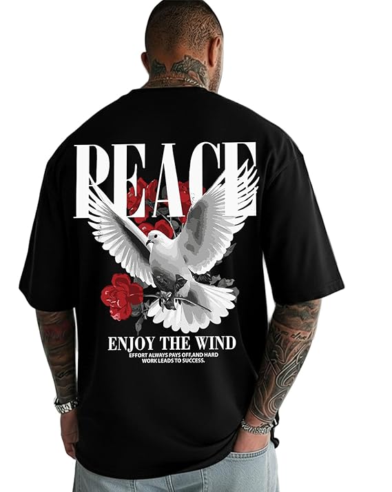 tshirt 2 AUSK Men’s Peace Printed Oversized T-Shirt |Modern Streetwear Tshirt for Mens | Half Sleeve Tshirts for Men